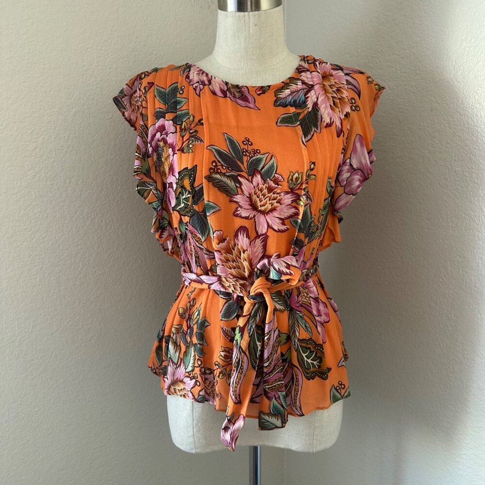 Farm Rio + Anthropologie Blouse Pintuck Flutter Sleeves Romantic Floral Print Or